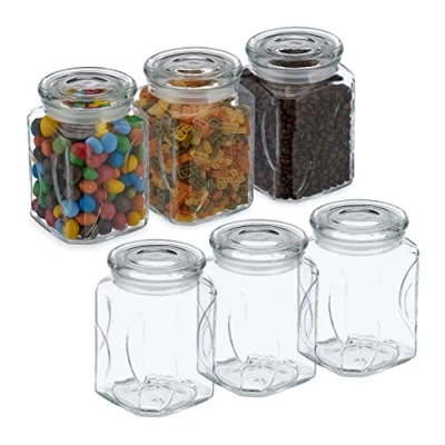 Immagine di Relaxdays Set da 6 Barattoli per Alimenti con Coperchio in Vetro, Recipienti 750 ml, Conserve Cucina, Trasparente, 90% 10% plastica, 14.5 x 9.5 cm