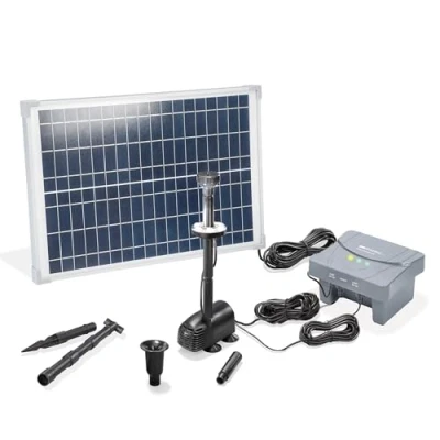 Immagine di esotec Set di pompa solare per laghetto 25/700 LED, con filtro, irrigatrice esterna 700 l/h, batteria LiFePo4, modulo 25 W, fontana solare, da giardino,