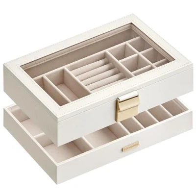 Immagine di SONGMICS Scatola Portagioie con 2 Vassoi Impilabili, Porta Gioielli Capiente, Coperchio in Vetro Chiaro, 17 x 28 8,8 cm, per Cassetto Toeletta, Idea Regalo, Bianco Nuvola JBC192W01
