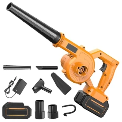 Immagine di 21 V soffiatori di foglie, soffiatore a batteria, termico, aspiratore senza fili, per garage, corsi, neve, foglie morte, capelli (giallo: 1 batteria + caricabatterie)