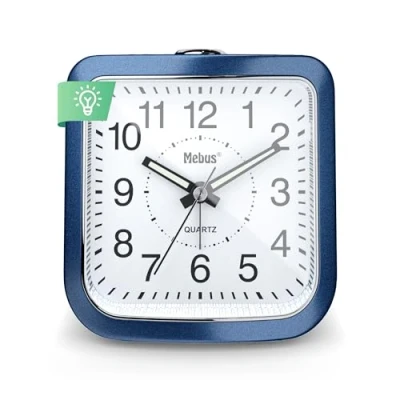 Immagine di Mebus Quarz Wecker, geräuscharm ohne Ticken, Leuchtzeiger, Alarm mit Weckwiederholung (Snooze), Zifferblattbeleuchtung auf Knopfdruck, Farbe: Blau, Modell: 26158