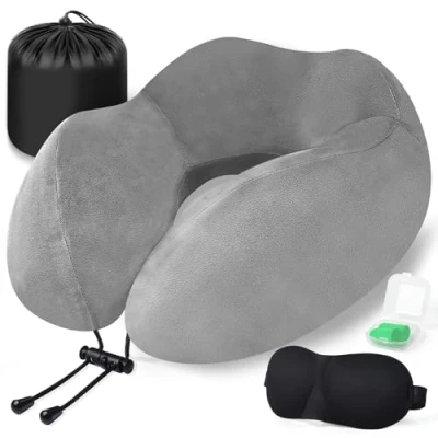 Immagine di iophi Cuscino da Viaggio, Collo Memory Foam, Cervicale Ufficio Ergonomico Portatile, con Maschera per Dormir, Tappi auricolari, Borsa, Perfetto Aereo, Auto e Treno