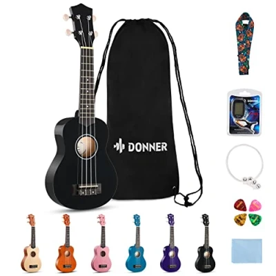 Immagine di Donner Ukulele per Principiante Soprano Kit 21 Polllici con Custodia Corde Ukelele Hawaiano Online Lezione Colore Nero