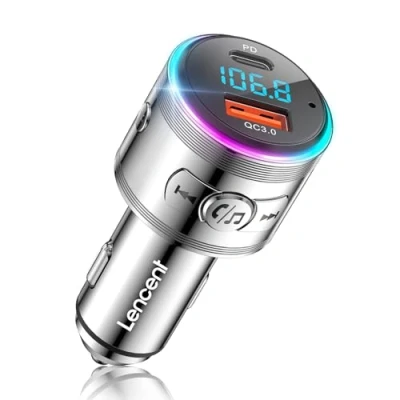 Immagine di LENCENT Trasmettitore FM Bluetooth 5.3, PD 20W &amp; QC 3.0 18W Ricarica Veloce, Adattatore per Auto, Wireless Radio, Cancellazione del Rumore, Chiamate in Vivavoce, Hi Fi Musica, 7 Luci LED