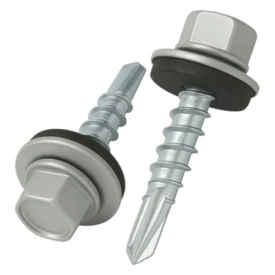 Immagine di 4.8 mm x 35 viti per tetti, testa esagonale autoperforanti colorate (RAL 9006 Alluminio brillante) tetti con rondella di tenuta in EPDM, temprate zincate antiruggine (50 pezzi)