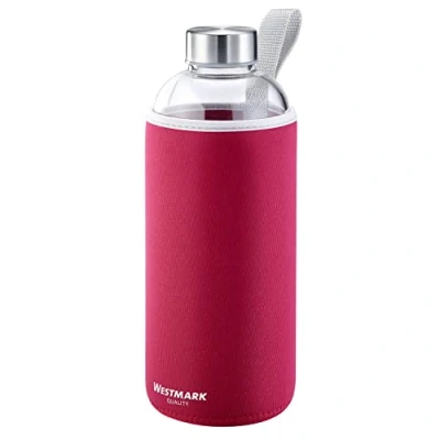 Immagine di Westmark Borraccia, Vetro con stampa, Incl. Fodera protettiva, 1000 ml, Vetro/Silicone/Gomma, Senza BPA, Viva, Rosso/Argento/Trasparente, 5274226R