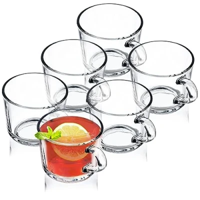 Immagine di KADAX Tazze da Tè in Vetro Trasparente per Bevande Calde e Fredde, Bicchieri Caffè con Manico Base Stabile, Tazzine Tisane (Set di 6, 270 ml)