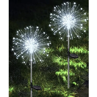 Immagine di Joysing Lampada solare da giardino, per esterni, 2 pezzi, 120 LED, fuochi d&#039;artificio, 8 modalità, a forma di leone, impermeabile, balcone, terrazza, bianco freddo