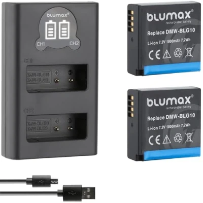 Immagine di Blumax DMW BLG10e 2 batterie 1025 mAh + caricatore Slim Dual LCD, compatibile con Panasonic Lumix DC TZ95D GX9 TZ202 TZ91 DMC TZ101 TZ81 GF6 GX7 GX80 LX100 G110