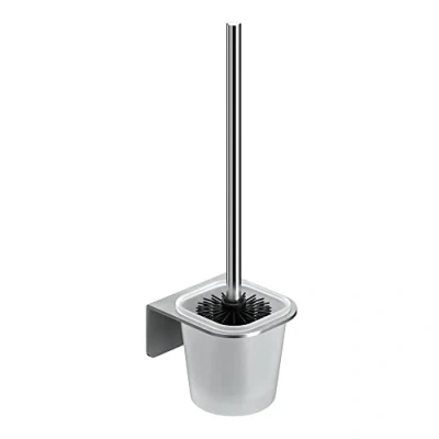 Immagine di WEISSENSTEIN Porta Scopino per wc da parete adesivo bagno in acciaio inox argento con inserto vetro spazzolone