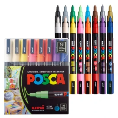 Immagine di Uni Ball 186516 Marcatore POSCA con punta tonda fine, set da 16, colori base