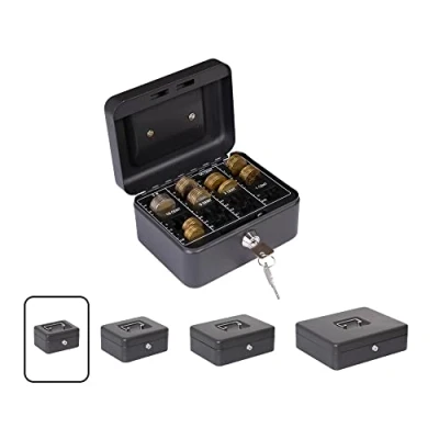 Immagine di ARREGUI Elegant Cash C9614 EUR Cassetta di sicurezza con chiave per contare e trasportare denaro Portavalori in acciaio vassoio Portamonete Cassaforte portatile larghezza 15 cm Nera