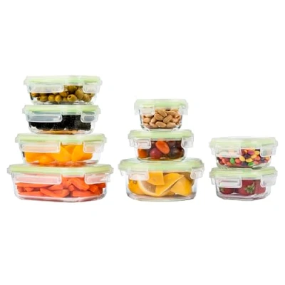 Immagine di Home Fleek Contenitori in Vetro per Alimenti con Coperchio Impilabili Meal Prep Ermetici Vetro, Adatti Microonde E Congelatore Cibo Ventro (Set di 9, Verde)