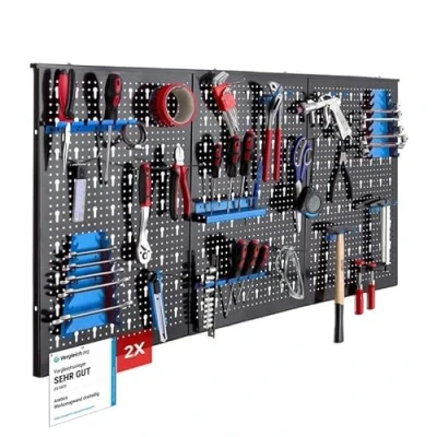 Immagine di Arebos parete degli attrezzi, 6 pezzi, forata da officina, set di 34 ganci e supporti 235,2 x 59,5 2 cm per utensili in metallo installazione con materiale