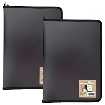 Immagine di Ecoeco Raccoglitore per presentazioni, formato A4, 50% riciclato, 30 tasche, con cerniera, colore nero, custodia in plastica, confezione da 2, eco090 x 2