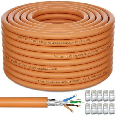 Immagine di Soibke Cavo Ethernet 60 Metri, Cat 7 Alta Velocità 10Gbps di Rete Schermato SFTP LAN, 60mt Esterno RJ45 Lungo Wlan PiMF LSZH Internet Arancione Patch per Router Modem