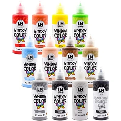 Immagine di LM Window Color Set (12 x 80 ml Colorato Animale Colorato) Pittura per Finestra Rimovibile a base d&#039;acqua superfici lisce come vetro, piastrelle specchio