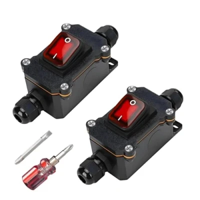 Immagine di 2 interruttori impermeabili in linea 12 V DC 20 a DPST 4 poli, IP67, interruttore per cavi, on/off, bilanciere, impermeabile uso esterno, su ingresso e uscita (20 A)