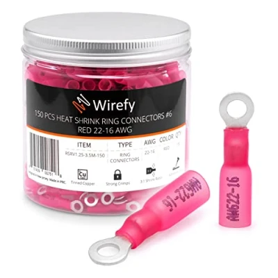Immagine di Wirefy 150 PZ Connettori Occhiello M3.5 Kit Terminali Anello Termoretraibili Capicorda Elettrici Crimpare Rosso 0,34 1,5 mm²