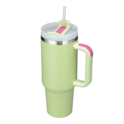 Immagine di Tazza termica a doppia parete, in acciaio inox, da 1200 ml, con manico, cannuccia, isolata, viaggio, per bevande calde fredde (verde)