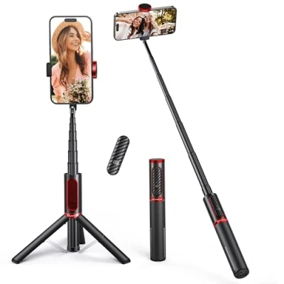 Immagine di ATUMTEK Bastone Selfie Treppiede, Perchetta in Alluminio 3 1, Rotazione a 360 con Telecomando Senza Fili per iPhone 16/15/14/13/12 mini/11 Pro/XS Max/XR/X/8/7, Samsung Smartphones Rosso