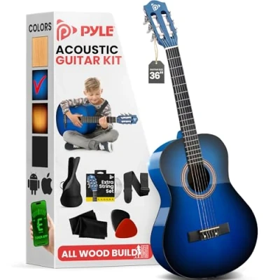 Immagine di Pyle Beginner 91 cm Chitarra acustica classica 3/4 Junior a 6 corde in legno di tiglio con custodia protettiva, accordatore, nylon, plettri, tracolla, per principianti, adulti