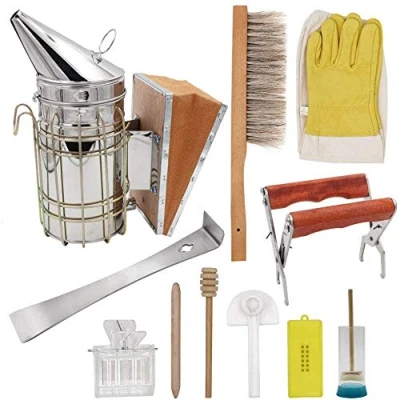 Immagine di Kit di Strumenti Apicoltura 11pcs per Apicoltore ape Alveare Fumatore/Spazzola ape/Guanti Apicoltura/Gabbia api/Pinza Telaio