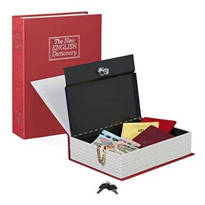 Immagine di Relaxdays 10020800_47 Libro Cassaforte con Serratura, Cassetta di Sicurezza, Acciaio, 2 Chiavi, HxLxP: 27x20x6,5 cm, Rosso