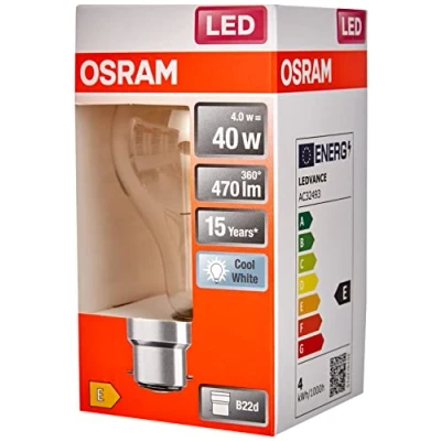 Immagine di OSRAM LED Star lampada a filamento chiaro, base B22d, bianco freddo (4000K), forma della lampadina, set di sostituzione per lampadine convenzionali 40W, confezione da 6
