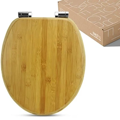 Immagine di Sedile per WC in bambù con sistema automatico di abbassamento Sanfino, raffinata estetica legno e alta qualità, elevato comfort seduta sostenibile, facile montaggio istruzioni