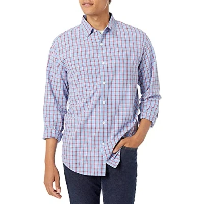 Immagine di Amazon Essentials Camicia Casual in Popeline a Maniche Lunghe vestibilità Regular Uomo, Blu Chiaro Rosso Motivo Scozzese, S