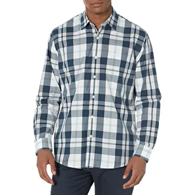 Immagine di Amazon Essentials Camicia Casual in Popeline a Maniche Lunghe vestibilità Regular Uomo, Indaco Vintage Bianco Motivo Scozzese, S