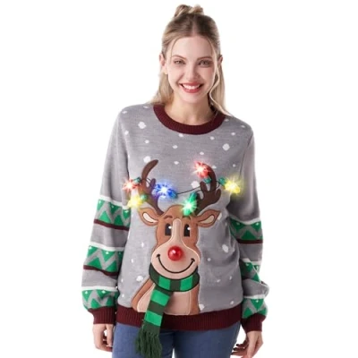 Immagine di JOYIN maglione natalizio da donna con luci a LED, renna, brutto lampadine, Grigio, S