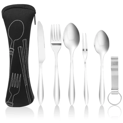 Immagine di Fousenuk 6 Pezzi Set di Posate da Campeggio, Portatili Viaggio in Acciaio Inossidabile con Coltello, Forchetta, Cucchiaio, Borsa Portaoggetti, per Viaggi, Casalingo, Picnic, Scuola