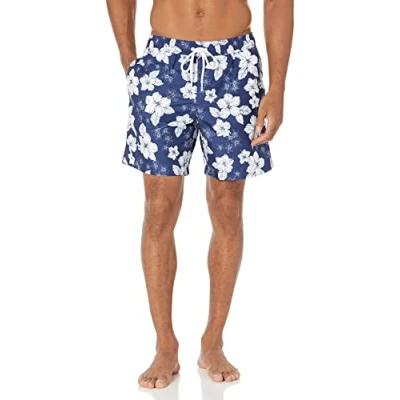 Immagine di Amazon Essentials Costume a Boxer Ad Asciugatura Rapida 18 cm Uomo, Blu Marino Fiori di Ibisco, L