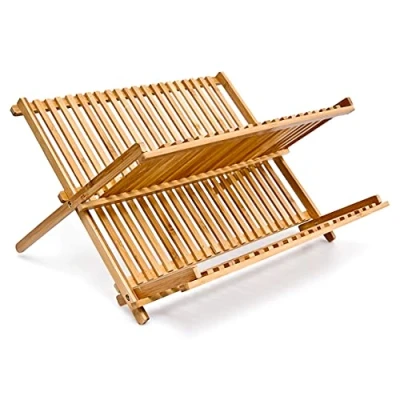 Immagine di Relaxdays Scolapiatti CROSS HLP 24,5 x 42 33 cm gocciolatoio piatti bambù pieghevole scolastoviglie in legno naturale