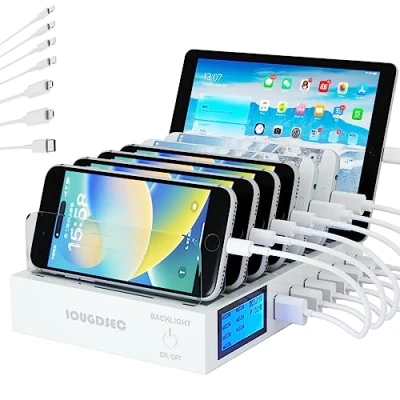 Immagine di stazione di ricarica rapida PD20W QC3.0 Multi porte USB, 7 in 1 per più dispositivi con display LCD compatibile iPhone, iPad, Samsung, Huawei e altri
