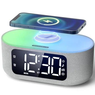 Immagine di LIORQUE Radiosveglia Digitale da Comodino con Ricarica Wireless Qi 15 W, Bluetooth, Doppi allarmi, Snooze, Luce Noctturna, Timer di Spegnimento, Dimmer Automatico, Modalità Weekend