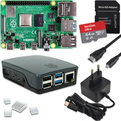Immagine di smart home komponente Starter set Raspberry Pi 4 da GB/scheda SD 32 GB/alimentatore USB C/custodia nera/cavo micro HDMI/3 dissipatori di calore