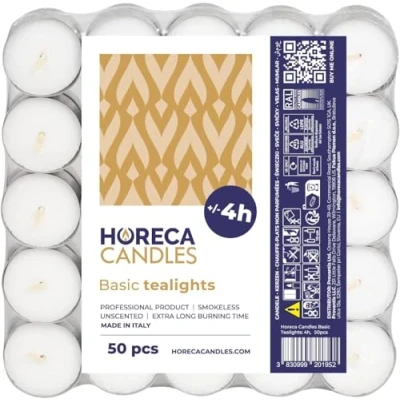 Immagine di Horeca Candles Candele Tealight Bianche Durata 4 Ore di Combustione Set da 50 Candeline Non profumate Lumini per Matrimonio, Decorazione, Gastronomia