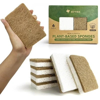 Immagine di spugne da cucina naturali, confezione 6, spugna per piatti in cellulosa e cocco, noce, adatte ai piatti, ecologica lavaggio pulizia, asciugatura rapida, inodore