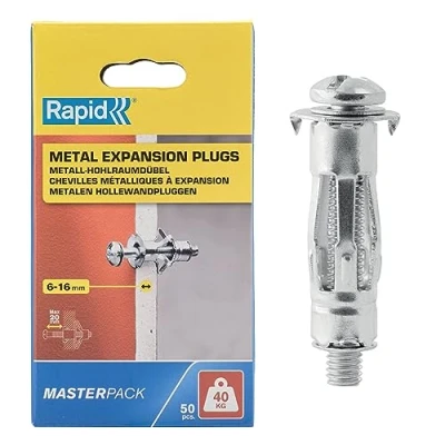 Immagine di Rapid Confezione da 50 Tasselli ad Espansione in Metallo per Pareti Cave Cartongesso e Truciolari dallo Spessore di 6 16 mm, Supportano fino un Carico 40 Kg