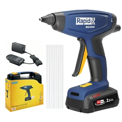 Immagine di Rapid BGX500 Pistola per Colla a Caldo con Riscaldamento Rapido, Regolatore di Flusso, Indicatore Calore LED, Adatta Installazioni e Artigianato, Batteria Caricabetterie Inclusi, 385 g