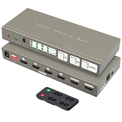 Immagine di HDMI Matrix Switch 4X2 4K60Hz 4 in 2 Out Switcher Splitter +Optical &amp;3.5mm AUX Audio Output con IR Remote, Supporta ARC 4K 3D e 1080P, 4:4:4 HDR Vision Atmos 18Gbps with EDID, HDCP 2.2 2.0