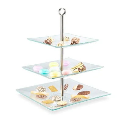 Immagine di Relaxdays Alzata a 3 Piani, Vassoio Quadrato, Alzatina, Centro Tavola, Espositore, Vetro, Acciaio, Argento/Trasparente