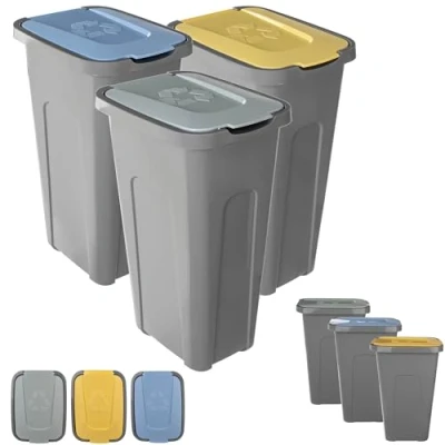Immagine di KADAX set di pattumiere per la raccolta dei rifiuti, 3 x 30 l, sistema differenziata, pattumiera in plastica con coperchio ribaltabile (giallo, verde, blu)