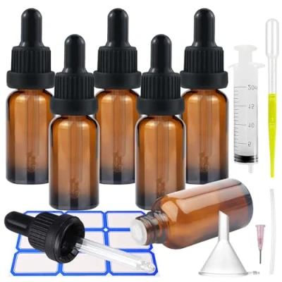 Immagine di Impoditiongs 6 Pezzi Marrone Bottiglie Contagocce Vetro 20 ml, Flacone contagocce, Pipetta Dosatrice in Tappo, con 1 imbuto e pipette per aromaterapia oli essenziali