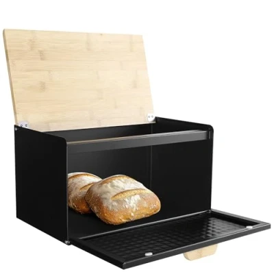 Immagine di Navaris Portapane Porta Pane da Cucina Moderno Contenitore per in Cassetta Metallo con Coperchio Legno Doppia Apertura Nero