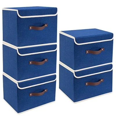Immagine di TYEERS Scatole Portaoggetti Tessuto, Lavabile, con Coperchio Pieghevole, 38x25x25 cm, Set di 5, Blu Classico