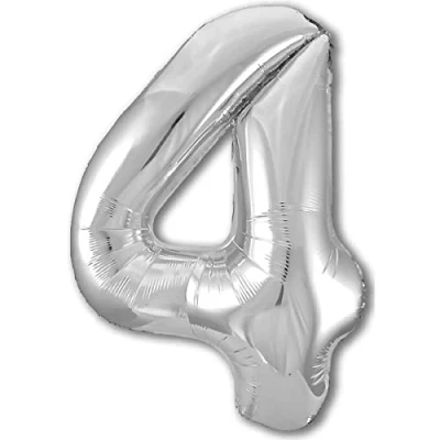 Immagine di Palloncino 4 Compleanno Numero Gigante Argento, XXL di 100 cm. Decorazione Compleanno. ad Aria o Elio.